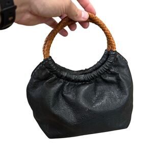 Fossil Black Pebble Purse Leather Brown Braided Handle Bag Small Bowler Baguette
